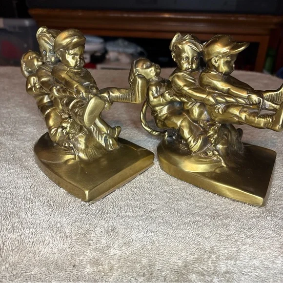 Vintage PM Craftsman USA TUG OF WAR BOOKENDS Brass Bookend Set - Picture 5 of 6